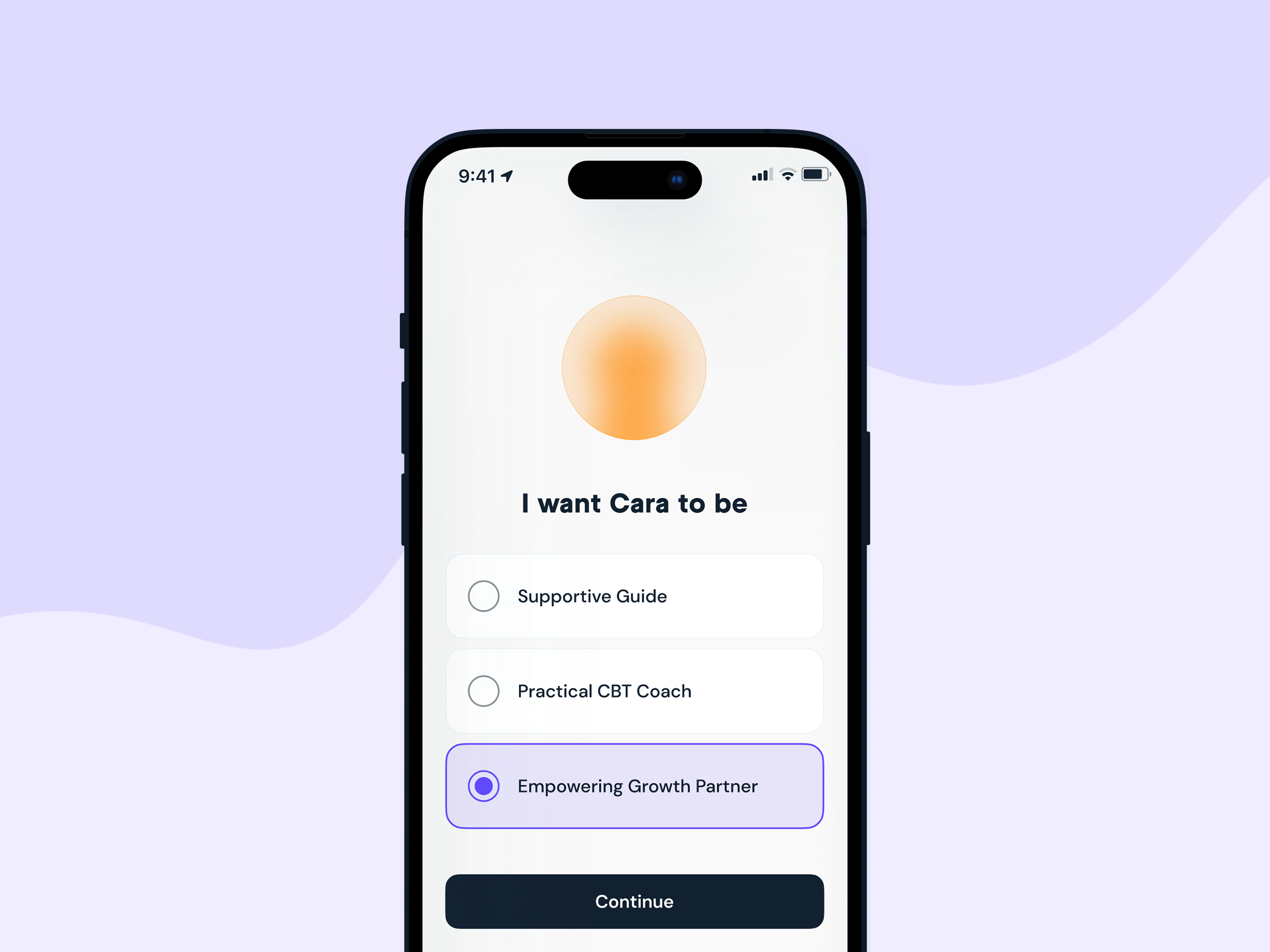 An app screen showing part of the Cara onboarding process