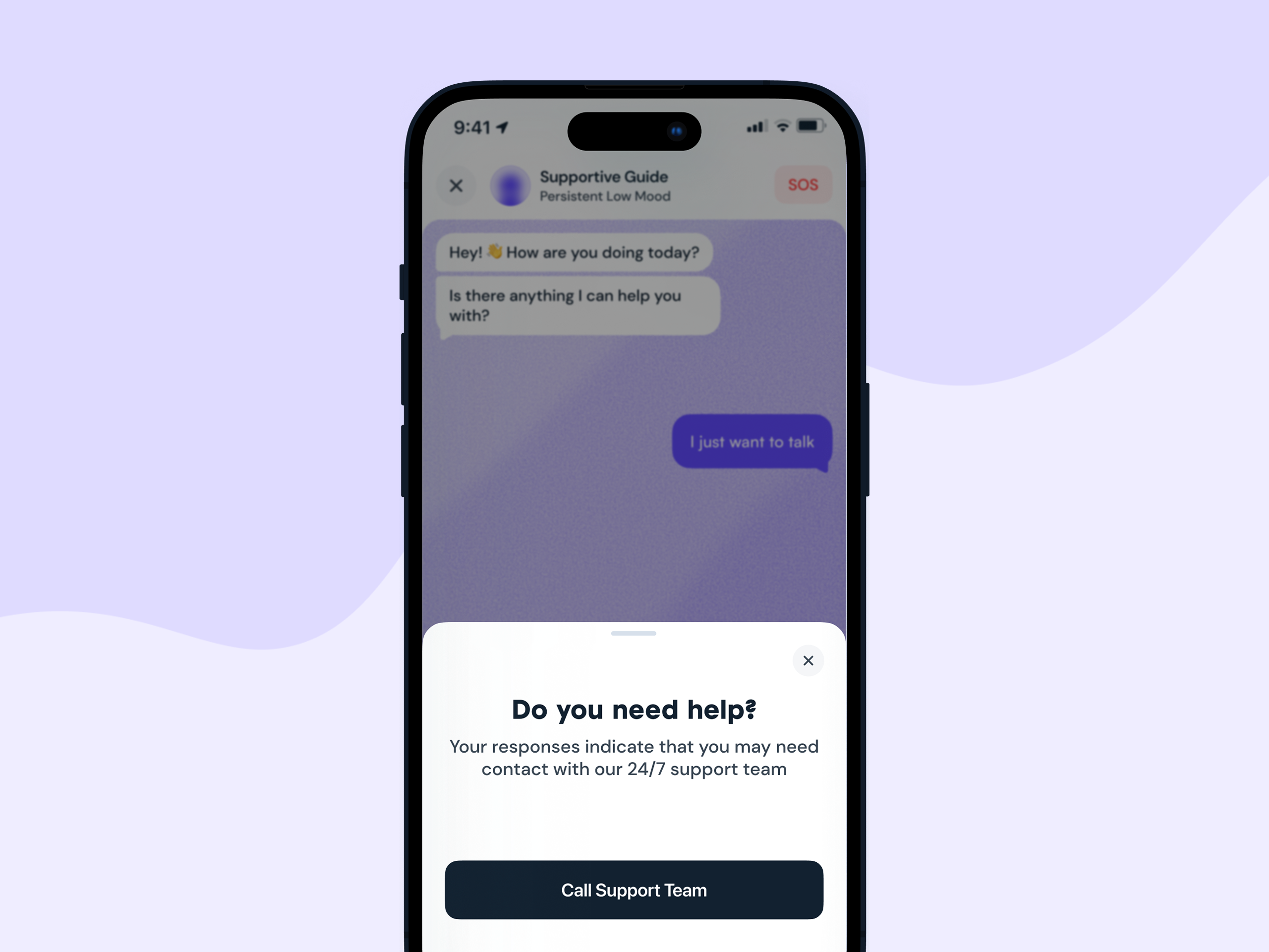 An app screen showing how to get support in the chat